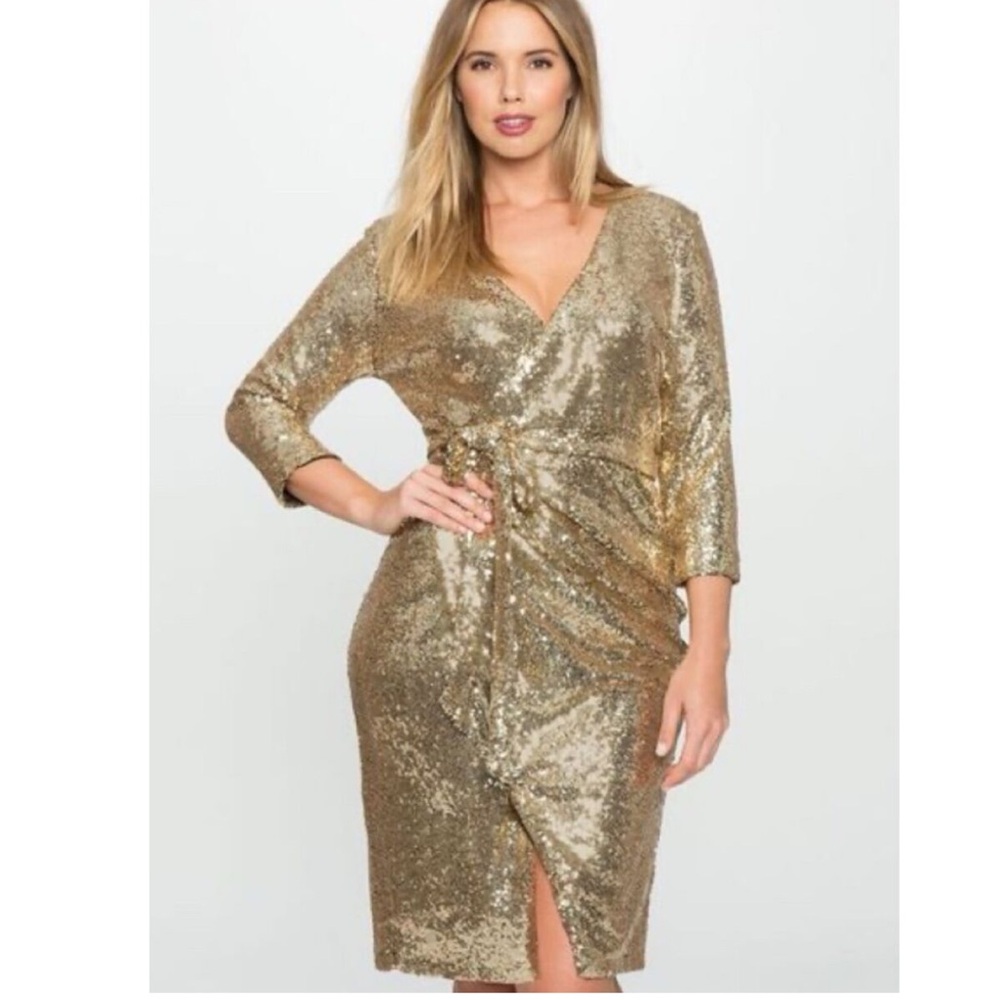 NWT Eloquii Studio Womens Full Sequins Wrap Dress Gold Long Sleeve Mini size 20